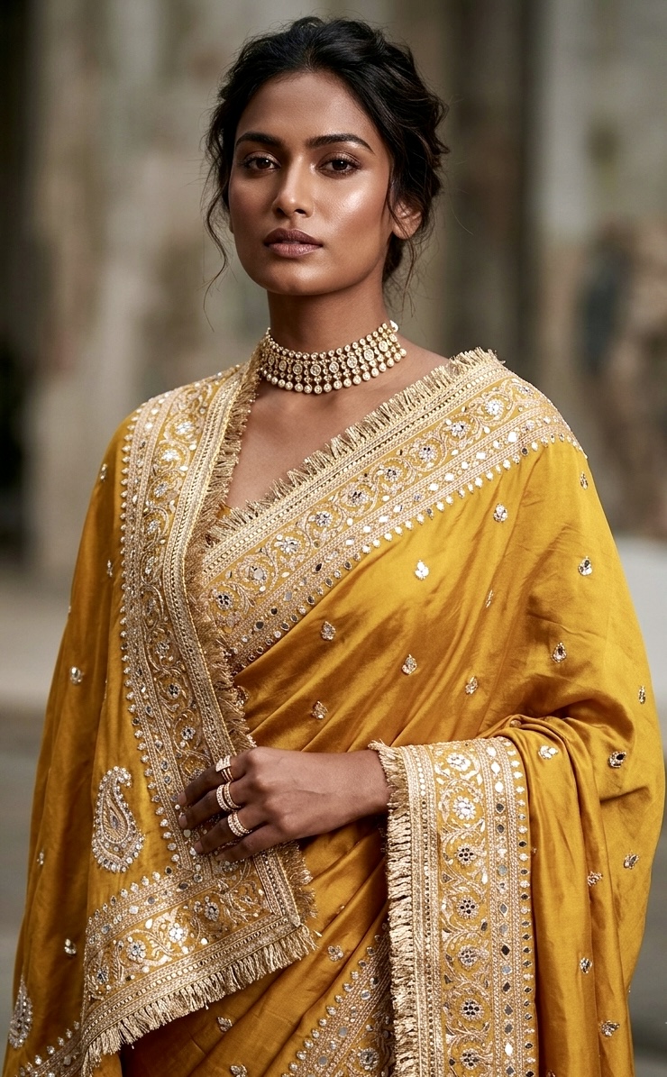 Butter Silk Mirror and Pearl saree