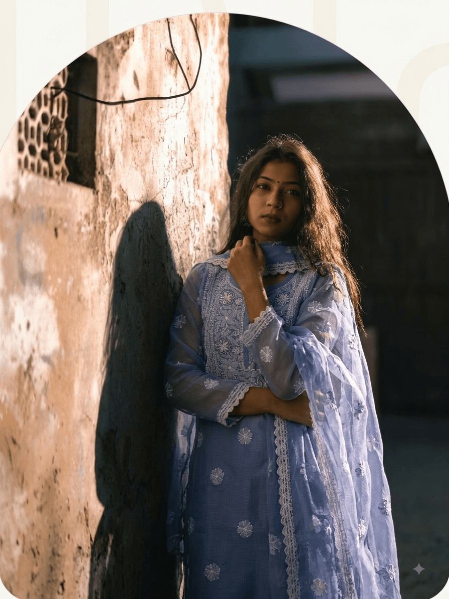 Editorial portrait of a woman in traditional embroidered Indian clothing